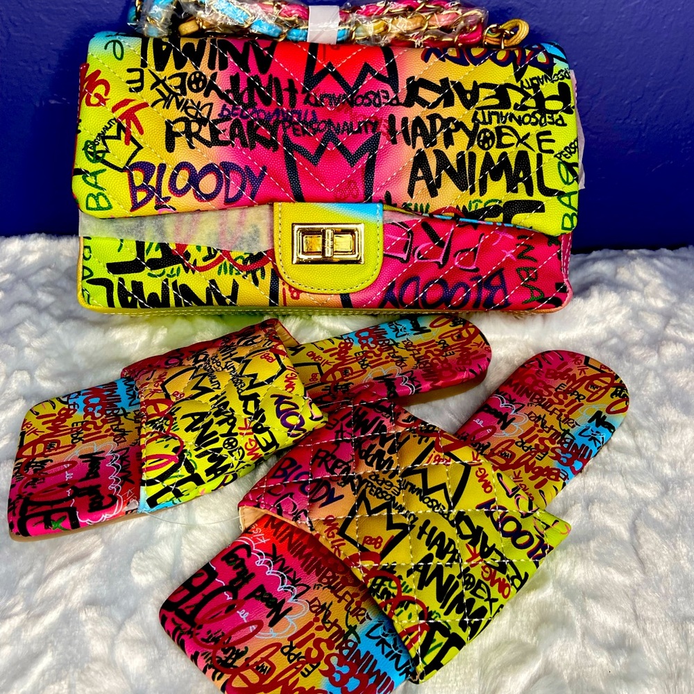 Graffiti crossbody/purse with matching Sandals